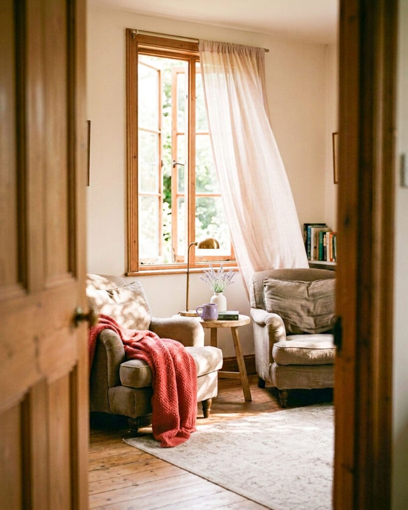 Symbolbild für ein Beratungsgespräch beim Bestatter: Blick durch eine geöffnete Holztür auf zwei einander zugewandte Sessel am offenen Fenster, dazwischen ein Tisch mit Buch und Lavendel.