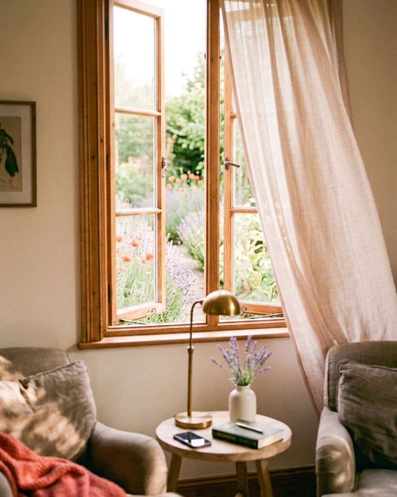 Symbolbild für die Leistungsübersicht eines Bestatters: Blick aus einem gemütlichen Wohnzimmer durch ein offenes Fenster in einen Garten mit blühendem Lavendel und Mohnblumen, im Vordergrund zwei Sessel und ein Beistelltisch mit Lavendel, Buch und Smartphone.