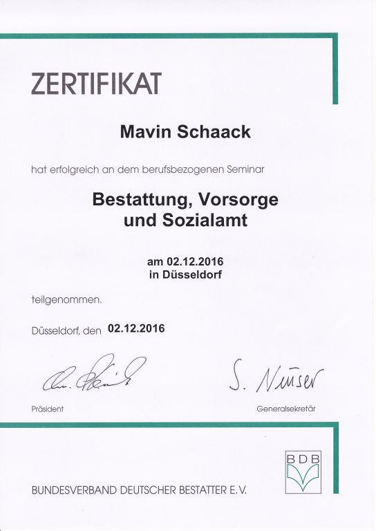 Zertifikat zum Seminar Bestattung, Vorsorge und Sozialamt für Mavin Schaack, Bestattungen Schaack Hanau