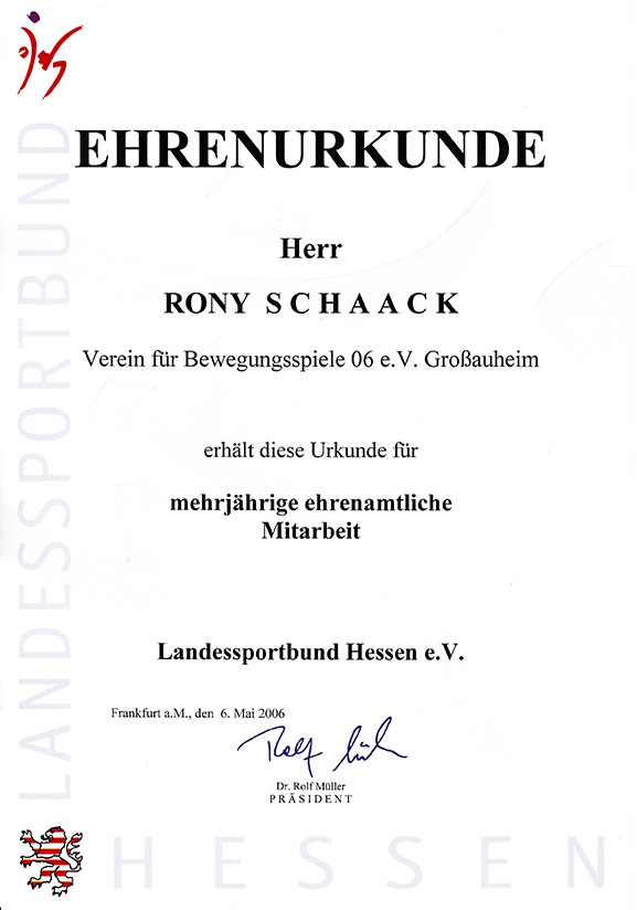 Ehrenurkunde des Landessportbunds Hessen für ehrenamtliches Engagement von Rony Schaack