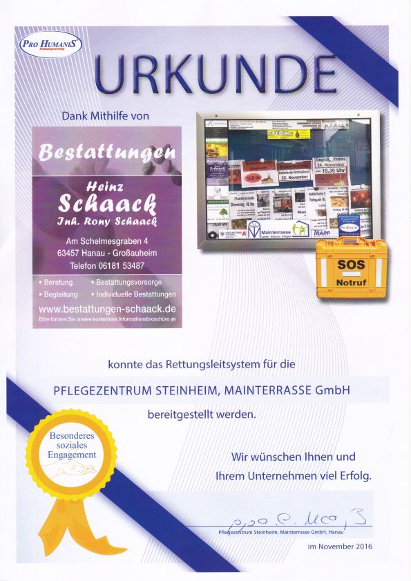 Dankesurkunde für die Rettungsleitsystem-Spende an das Pflegezentrum Steinheim Mainterasse von Bestattungen Heinz Schaack