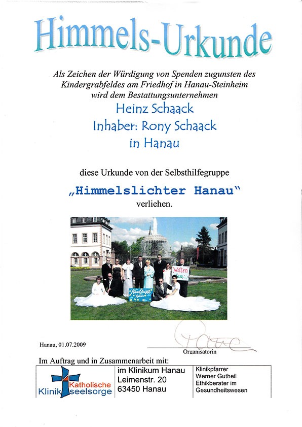 Dankesurkunde der Selbsthilfegruppe Himmelslichter Hanau für die Spende von Bestattungen Heinz Schaack