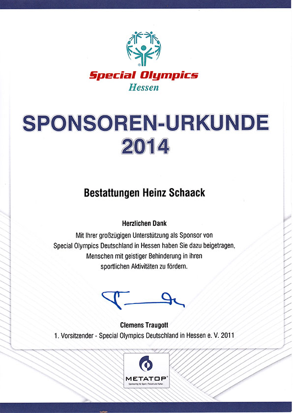 Sponsoren-Urkunde 2014 von Special Olympics Deutschland in Hessen für Bestattungen Heinz Schaack