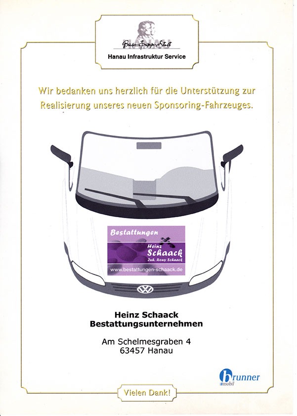 Dankesurkunde für das Sponsoring eines Fahrzeugs, Bestattungen Heinz Schaack Hanau