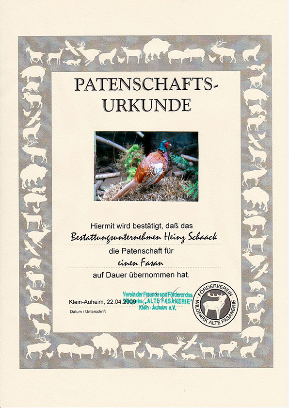 Patenschaftsurkunde für die Tierpatenschaft der Alten Fasanerie Klein-Auheim von Bestattungen Heinz Schaack