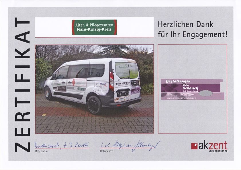 Dankesurkunde für das Fahrzeug-Sponsoring an den Kreis- und Pflegeverein Main-Kinzig, Bestattungen Schaack