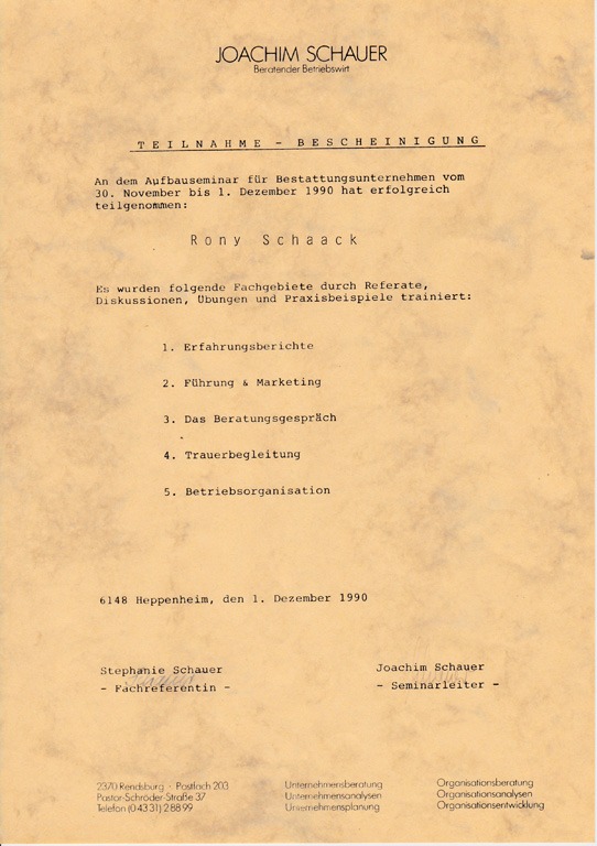 Teilnahmebescheinigung Aufbauseminar Bestattungsunternehmen von Rony Schaack, Bestattungen Schaack Hanau