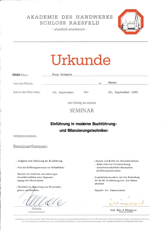Urkunde zum Seminar Buchführungs- und Bilanzierungstechniken, Bestattungen Schaack Hanau