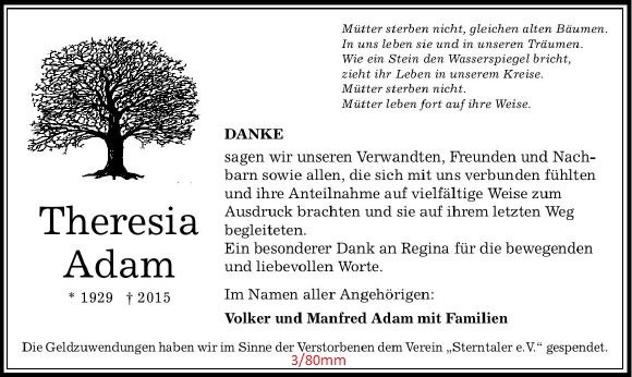 Danksagung als Zeitungsanzeige mit Baummotiv und Gedicht, 3 Spalten / 80 mm, gestaltet von Schaack Bestattungen Hanau