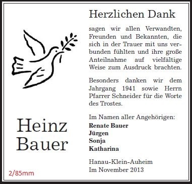Danksagung als Zeitungsanzeige mit Friedenstaube und Ölzweig, 2 Spalten / 85 mm, gestaltet von Schaack Bestattungen Hanau