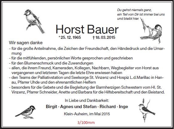 Danksagung als Zeitungsanzeige mit Vogelmotiven auf Zweigen, 3 Spalten / 100 mm, gestaltet von Schaack Bestattungen Hanau