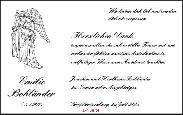 Danksagung als Zeitungsanzeige mit Engelmotiv und Kalligrafie-Schrift, Viertelseite, gestaltet von Schaack Bestattungen Hanau