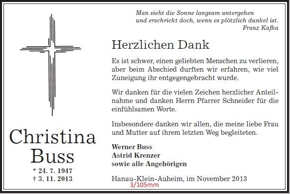 Danksagung als Zeitungsanzeige mit grafischem Kreuz, 3 Spalten / 105 mm, gestaltet von Schaack Bestattungen Hanau