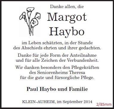Danksagung als Zeitungsanzeige mit Calla-Blüten, 2 Spalten / 85 mm, gestaltet von Schaack Bestattungen Hanau