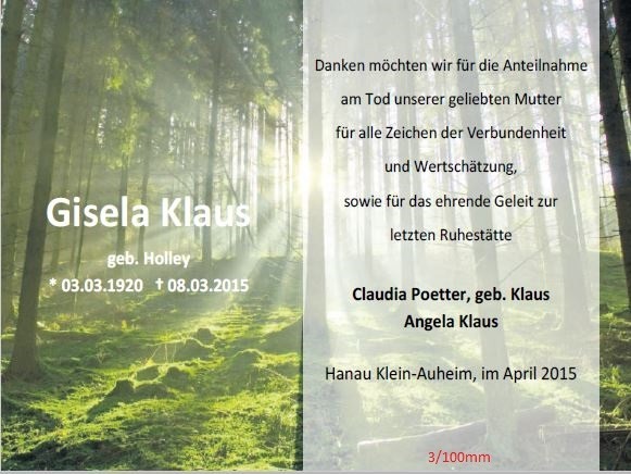 Danksagung als Zeitungsanzeige mit Waldfoto und Lichtstrahlen in Farbe, 3 Spalten / 100 mm, gestaltet von Schaack Bestattungen Hanau