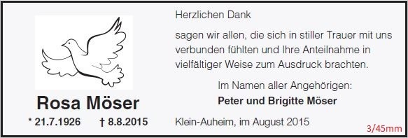 Danksagung als Zeitungsanzeige mit Taubenmotiv im Querformat, 3 Spalten / 45 mm, gestaltet von Schaack Bestattungen Hanau