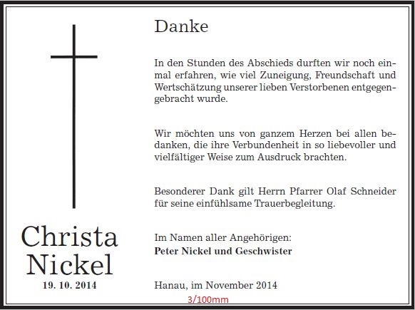 Danksagung als Zeitungsanzeige mit schlichtem Linienkreuz, 3 Spalten / 100 mm, gestaltet von Schaack Bestattungen Hanau