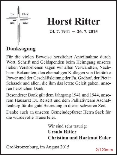 Danksagung als Zeitungsanzeige im Hochformat mit Kreuz und Schriftzug, 2 Spalten / 120 mm, gestaltet von Schaack Bestattungen Hanau