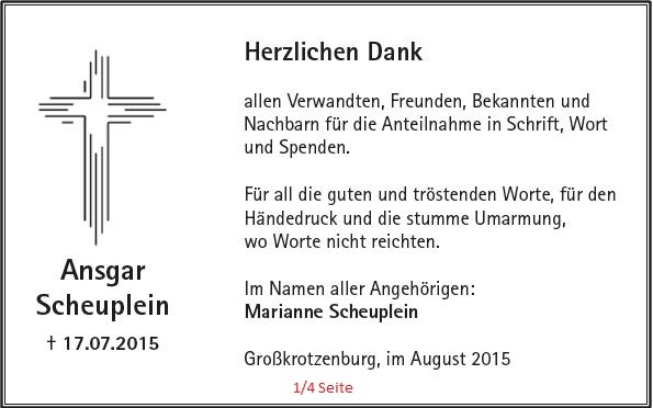Danksagung als Zeitungsanzeige mit modernem Strichkreuz, Viertelseite, gestaltet von Schaack Bestattungen Hanau