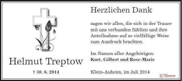Danksagung als Zeitungsanzeige mit Kreuz und Blattranke, 3 Spalten / 70 mm, gestaltet von Schaack Bestattungen Hanau