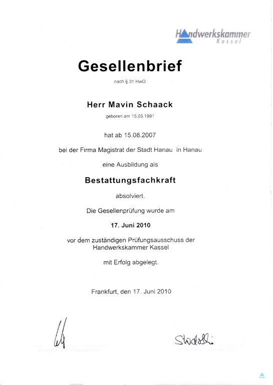 Gesellenbrief von Mavin Schaack als geprüfte Bestattungsfachkraft, Handwerkskammer Kassel