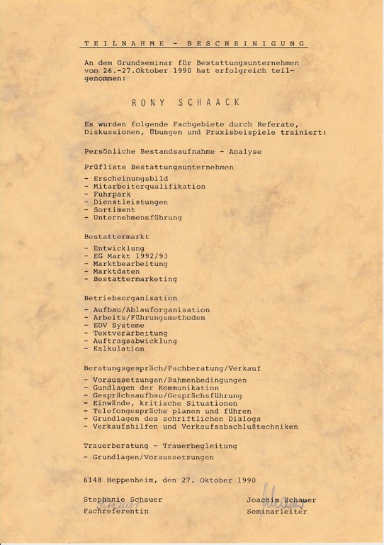 Teilnahmebescheinigung Grundseminar Bestattungsunternehmen von Rony Schaack, Bestattungen Schaack Hanau