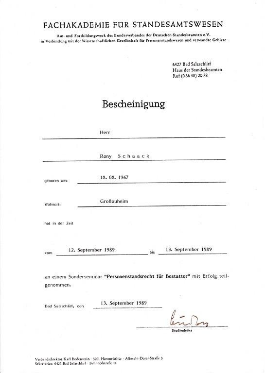 Bescheinigung zum Sonderseminar Personenstandsrecht für Bestatter, Rony Schaack