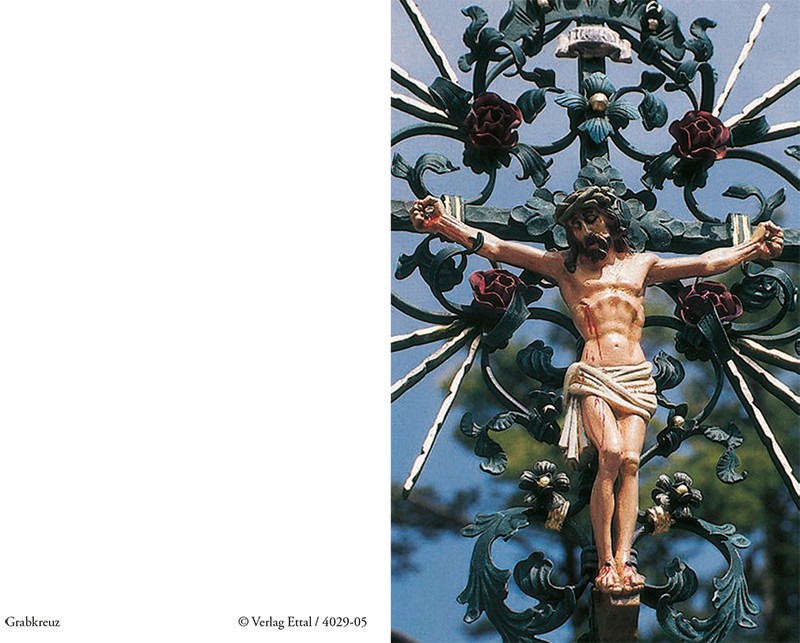 Trauerbild mit schmiedeeisernem Grabkreuz und Rosenranken
