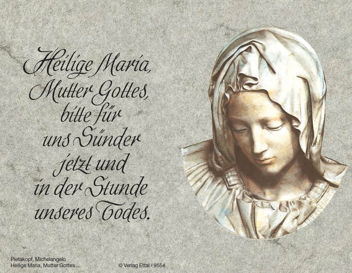 Trauerbild mit Marienrelief in Stein und Gebetstext