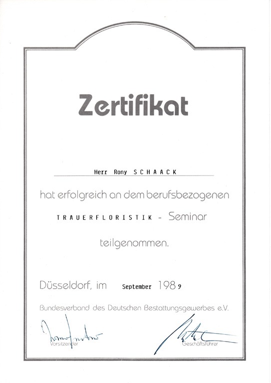 Zertifikat zum Seminar Trauerfloristik von Rony Schaack, Bundesverband der Deutschen Bestattungsgewerbe