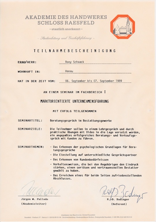 Teilnahmebescheinigung zum Seminar Marktorientierte Unternehmensführung von Rony Schaack