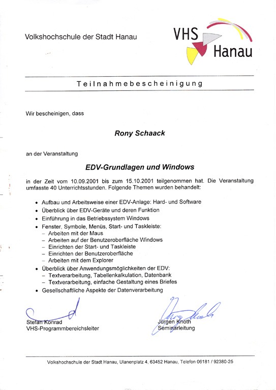 Teilnahmebescheinigung zum Seminar EDV-Grundlagen und Windows von Rony Schaack