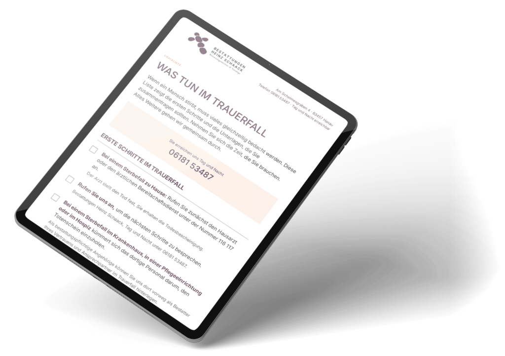 Checkliste Was tun im Trauerfall von Bestattungen Heinz Schaack auf einem Tablet