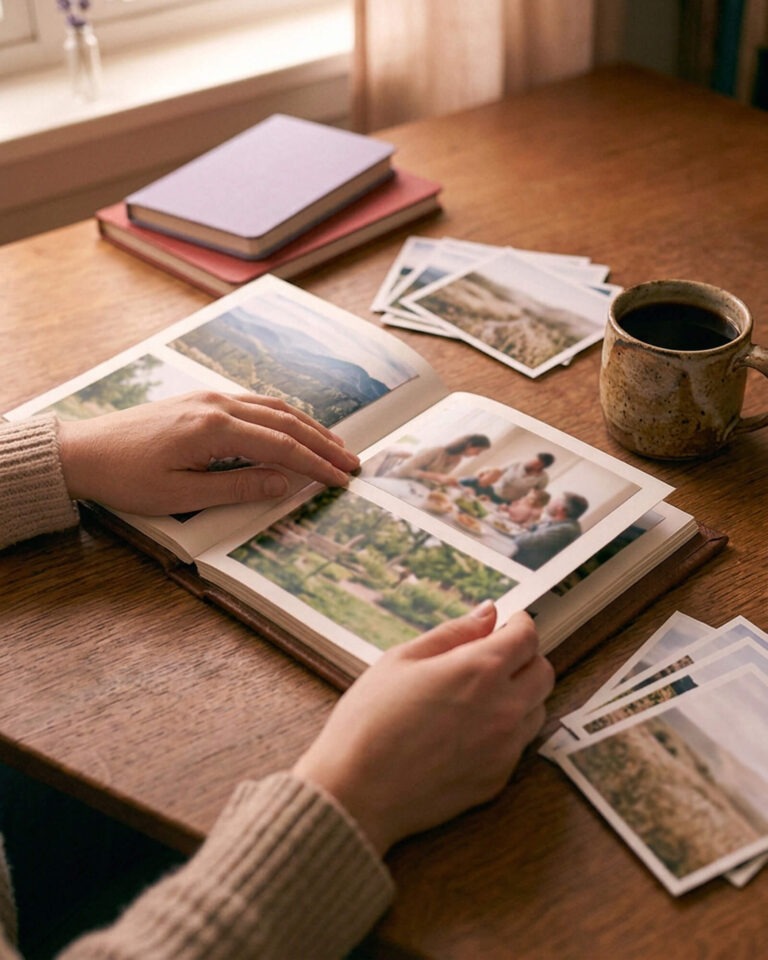 Hände blättern in einem Fotoalbum, daneben liegen ausgelegte Erinnerungsfotos auf dem Tisch