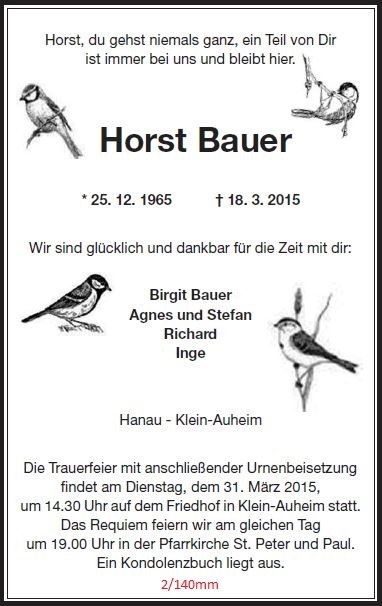 Traueranzeige als Zeitungsanzeige mit gezeichneten Meisen auf Zweigen, 2 Spalten / 140 mm, gestaltet von Schaack Bestattungen Hanau