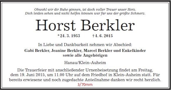 Traueranzeige als Zeitungsanzeige schlicht gerahmt ohne Motiv, 3 Spalten / 70 mm, gestaltet von Schaack Bestattungen Hanau