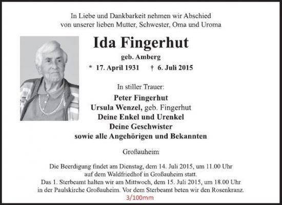Traueranzeige als Zeitungsanzeige mit Porträtfoto der Verstorbenen, 3 Spalten / 100 mm, gestaltet von Schaack Bestattungen Hanau