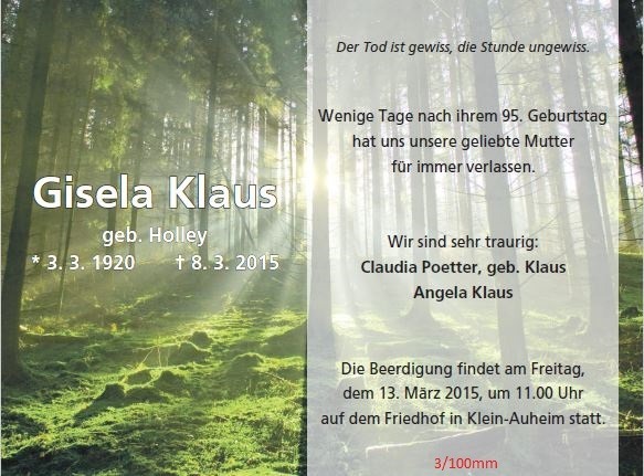 Traueranzeige als Zeitungsanzeige mit Waldfoto im Gegenlicht, 3 Spalten / 100 mm, gestaltet von Schaack Bestattungen Hanau