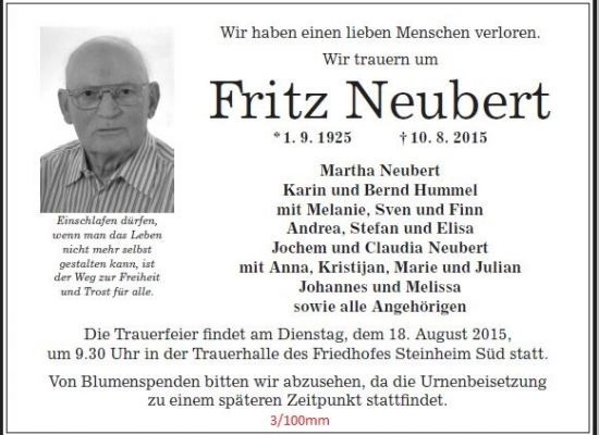 Traueranzeige als Zeitungsanzeige mit Porträtfoto des Verstorbenen, 3 Spalten / 100 mm, gestaltet von Schaack Bestattungen Hanau