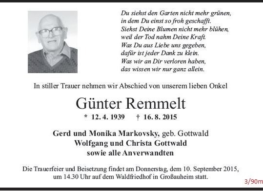 Traueranzeige als Zeitungsanzeige mit Porträtfoto des Verstorbenen, 3 Spalten / 90 mm, gestaltet von Schaack Bestattungen Hanau