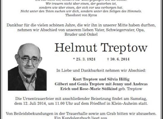 Traueranzeige als Zeitungsanzeige mit Porträtfoto des Verstorbenen, 3 Spalten / 110 mm, gestaltet von Schaack Bestattungen Hanau