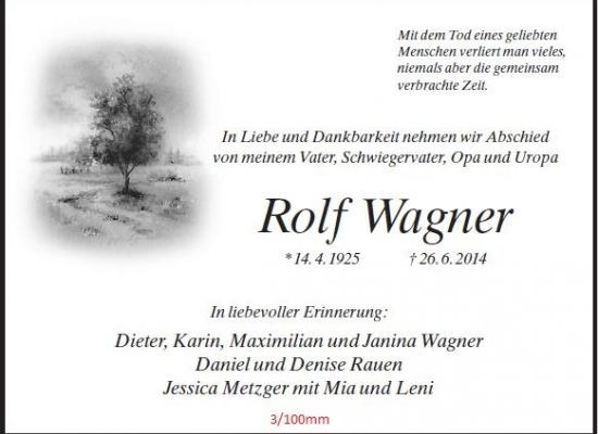 Traueranzeige als Zeitungsanzeige mit Foto eines einzelnen Baumes, 3 Spalten / 100 mm, gestaltet von Schaack Bestattungen Hanau