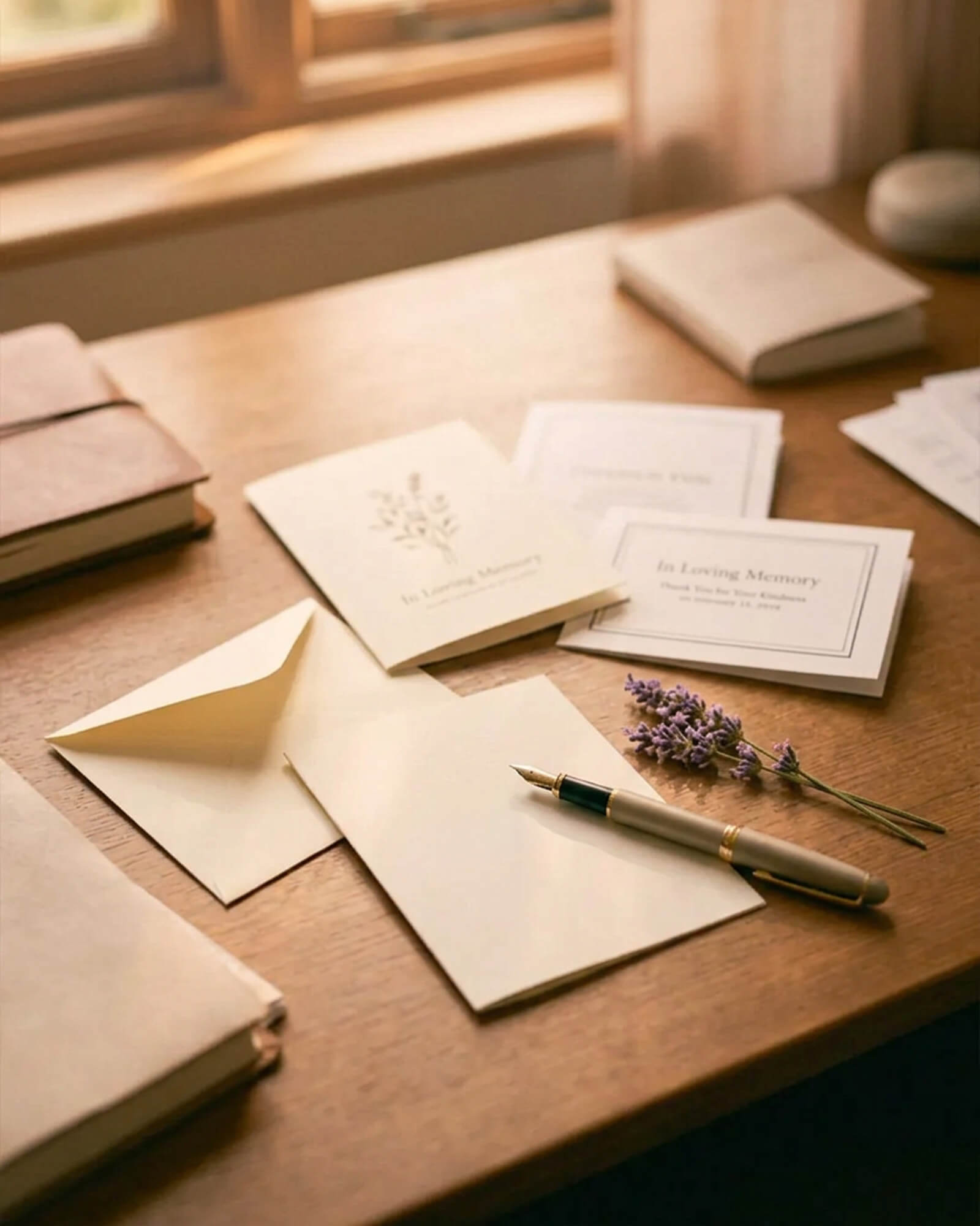 Trauerkarten mit Umschlägen, Stift und Lavendelzweig auf einem Holztisch