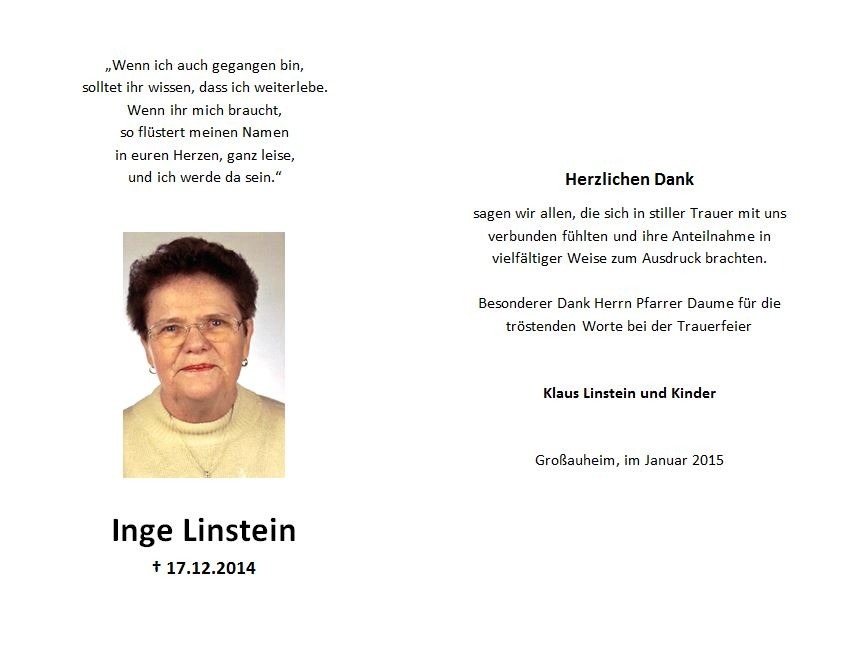 Trauerkarte als Gestaltungsbeispiel, mit Porträtfoto und Danktext, gestaltet von Schaack Bestattungen Hanau